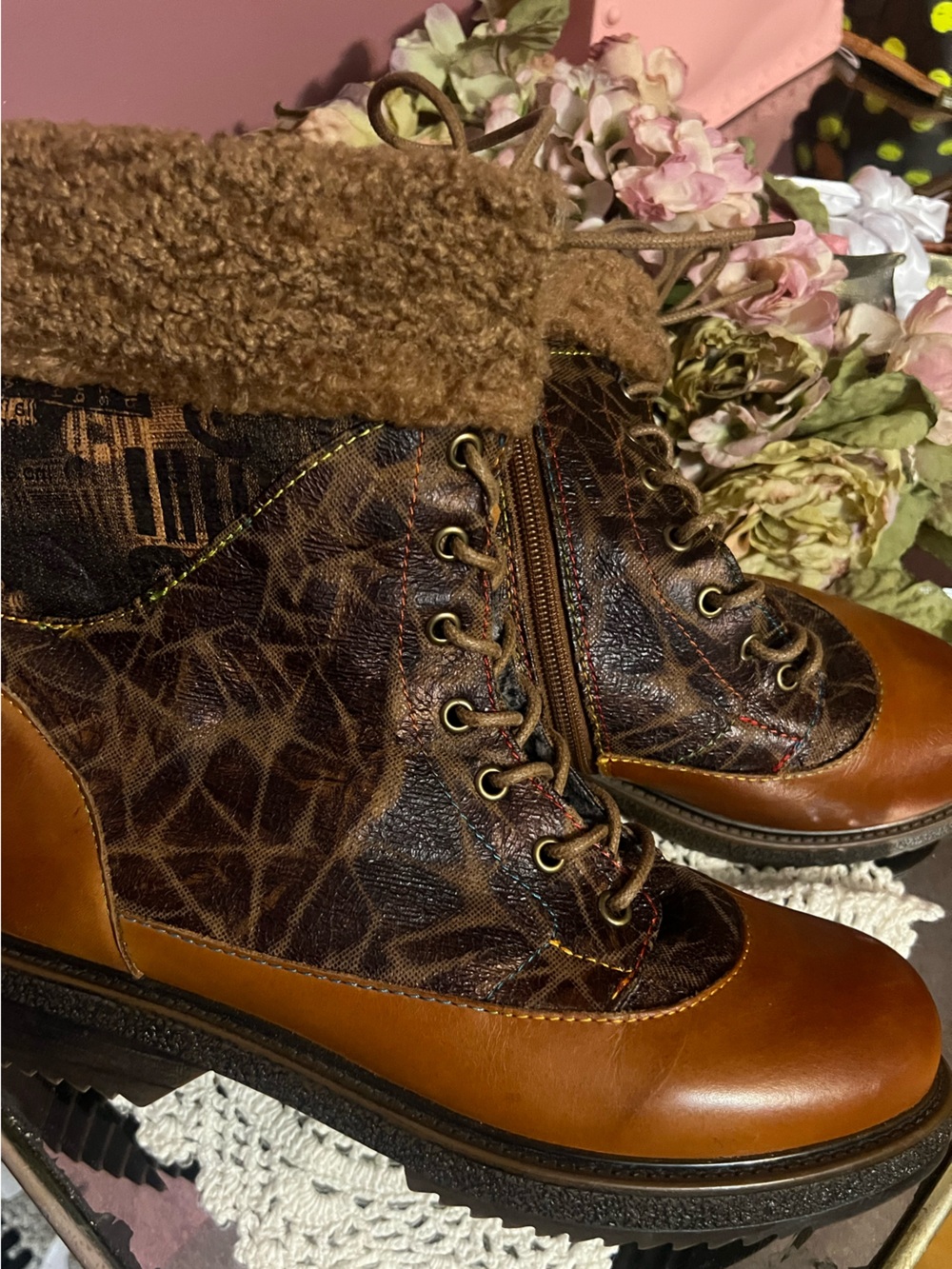 Women's Brown Lace-Up Faux-Shearling Ankle Boots